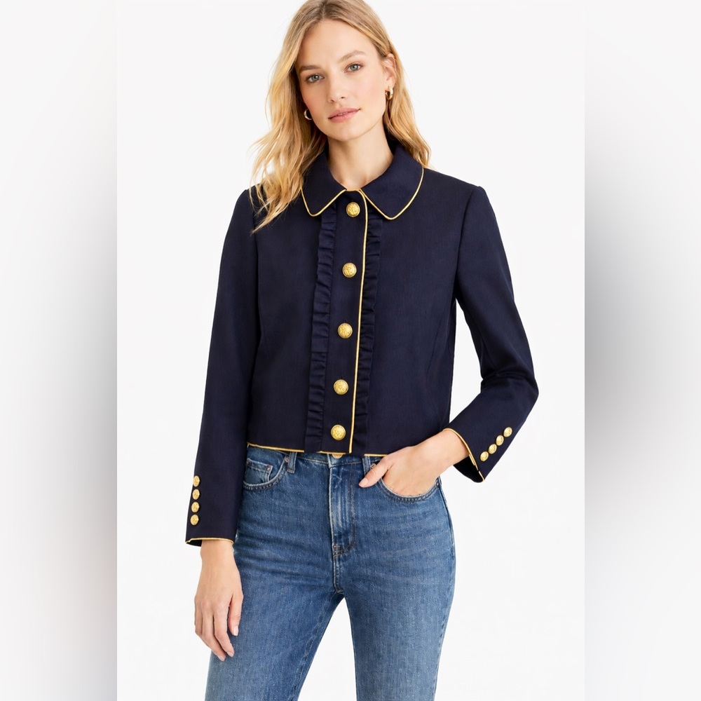 $198 J.Crew Navy Blazer Jacket Gold Crest Buttons Ruffle Front Wool Blend Size 6